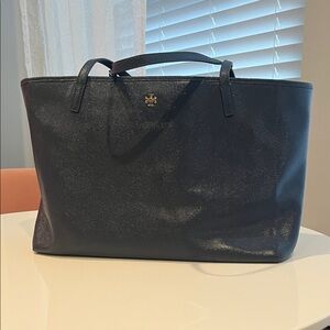 Tory Burch Navy Blue Leather Tote with Gold Logo